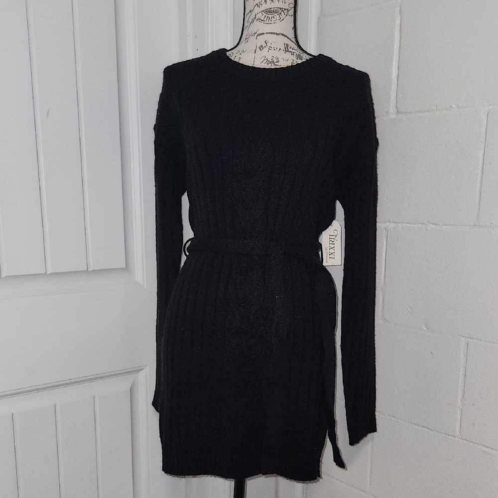 Trixxi Belted Knit Black Long-Sleeve Ribbed Sweater Dress
